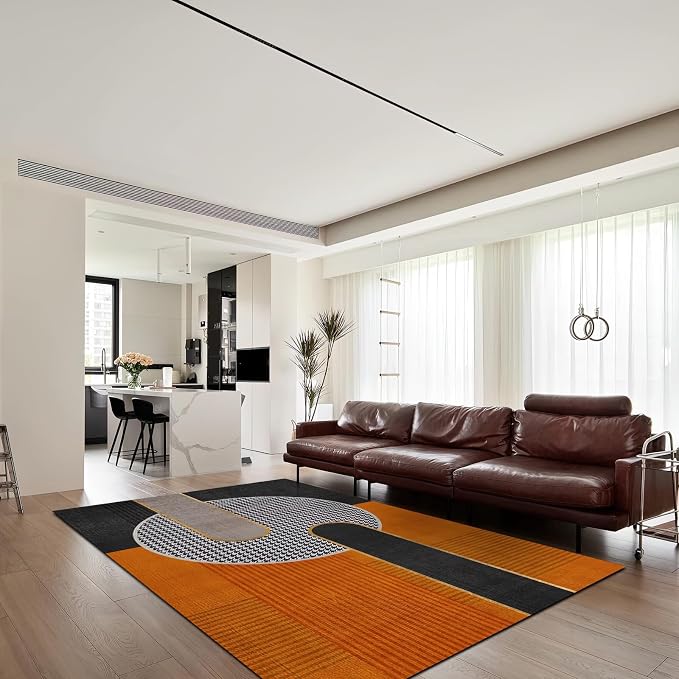Luxury Orange Black Geometry Area Rug, Modern Style Non Slip Decorative Rugs, Breathable Durable Carpet for Indoor Bedroom Living Room Sofa Office Floor Rug - 5 ft x 8 ft