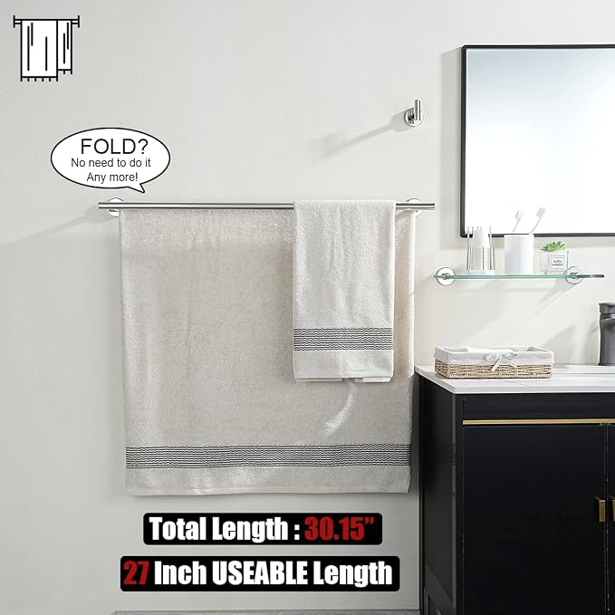 JQK Double Bath Towel Bar, 30 Inch 304 Stainless Steel Thicken 0.8mm Towel Rack for Bathroom, Towel Holder Polished Chrome Wall Mount, Useable Length 27 Inch, TB100L27-CH