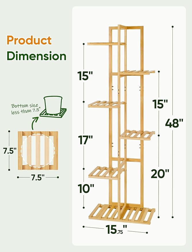 ROSSNY 48 Inch Talll Plant Stand Indoor, 6 Tier 7 Potted Bamboo Plant Stands for Indoor Plants, Corner Plant Stand, Plant Shelf For Indoor, Tiered Plant Stands, Indoor Plant Holder, Natural
