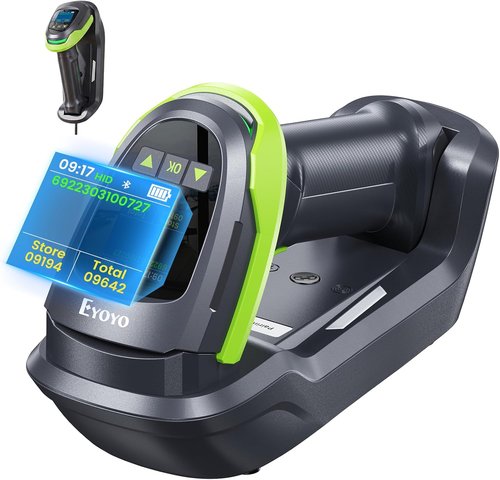 Eyoyo Wireless Barcode Scanner - Pro 1D 2D QR Bluetooth Reader with 1.44" LCD & 2900mAh Battery | Wall-Mount Cradle