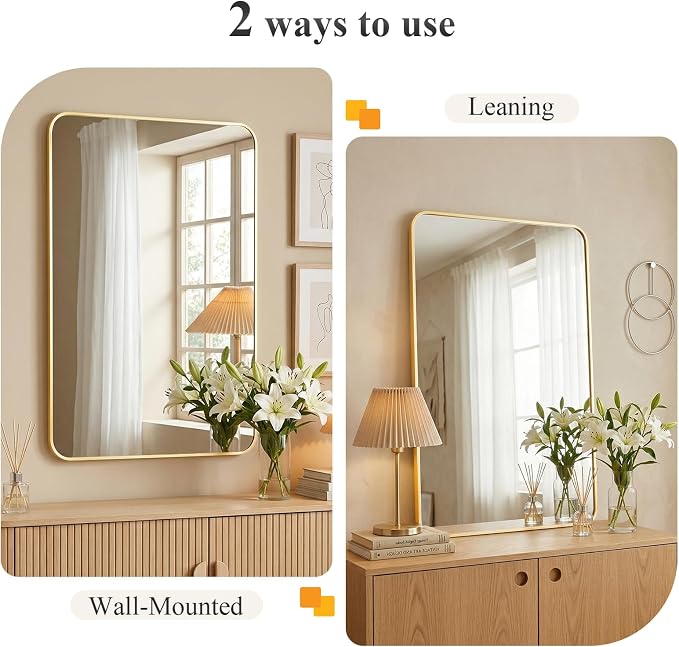 Sweetcrispy Bathroom Mirror for Over Sink, 30x48 Inch Wall Mount Mirror with a Rounded Rectangle and Matte Metal Frame, Modern Wall Vanity Mirrors for Home Decor, Living Room, Bedroom, Gold