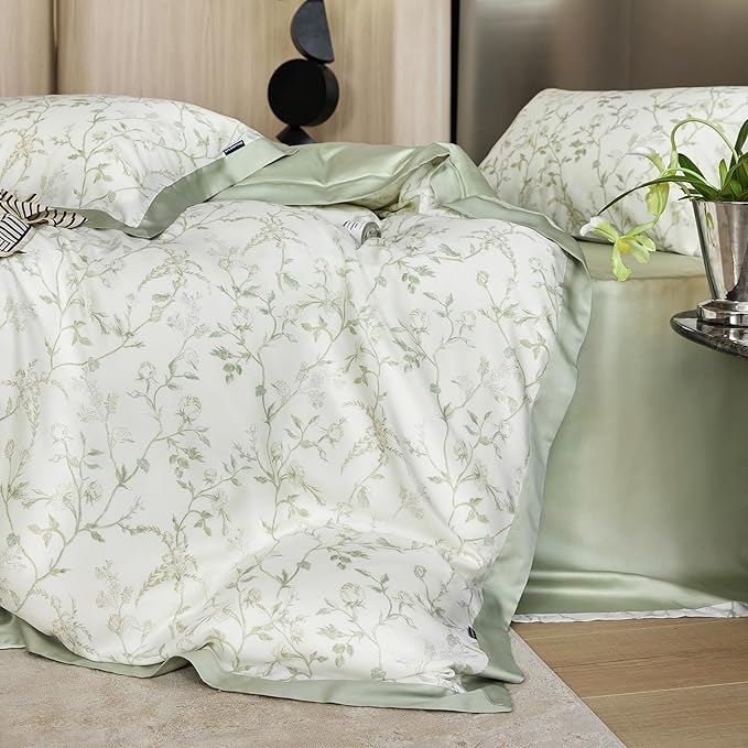 VM VOUGEMARKET Green Flower Duvet Cover Twin Cooling Lyocell Comfoter Cover Set for Hot Sleeper,Moisture Wicking Silky Bedding Set-Mint Green