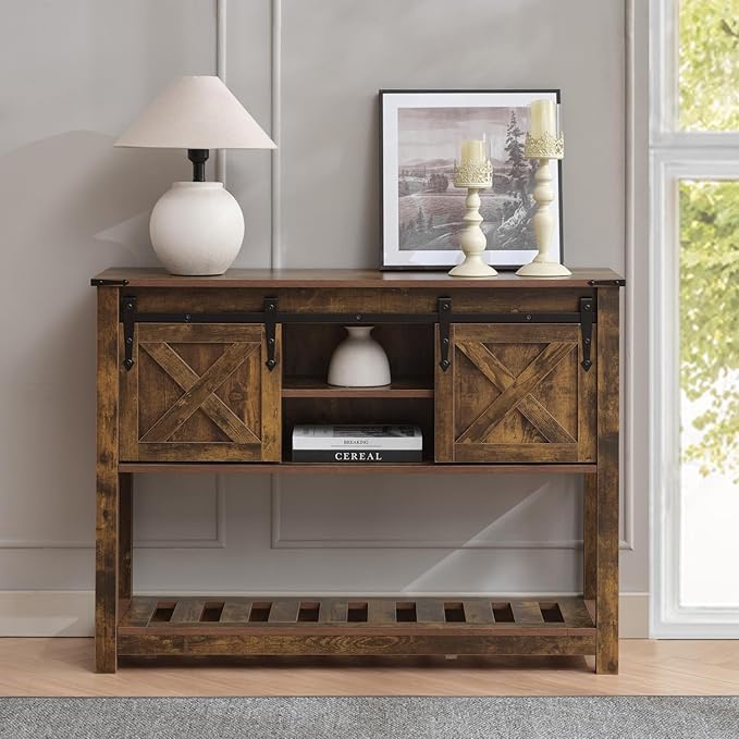 Farmhouse Living Room Table Set of 3, 2 Rustic End Table with Charging Station and 1 Sofa Table with Large Hidden Storage, Farmhouse Sofa Table Set for Living Room, Office, Brown