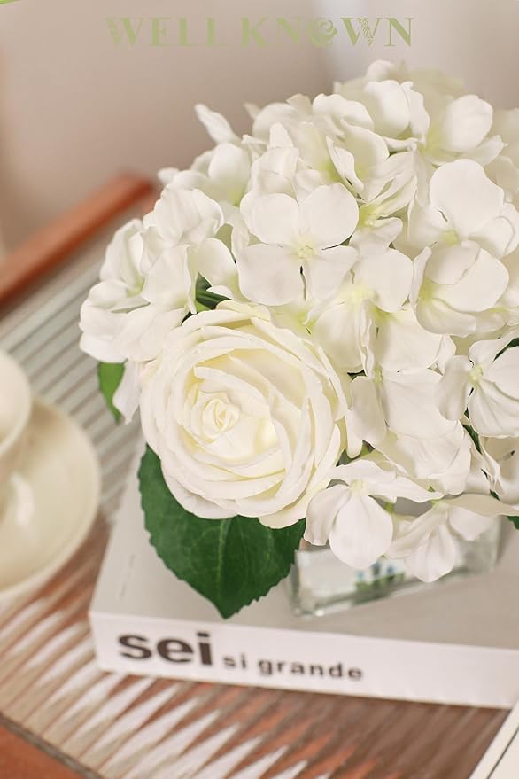 WELL KNOWN Fake Flowers in Vase, Hydrangea Rose Artificial Flowers with Fake Water in Glass Vase Realistic Silk Faux Floral Centerpiece for Coffee Table Office Dining Room Wedding Home Decor - White