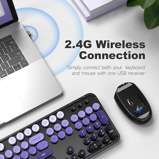 Wireless Keyboard and Mouse Combo, MOWUX Colorful Computer Full Size 2.4G Plug and Play Wireless Typewriter Keyboard and Mouse Set for Computer, Desktop, PC (Black& Purple Gradient)