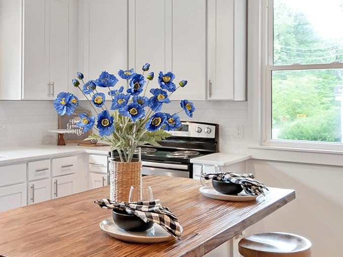 6PCS Dark Blue Faux Poppies Artificial Poppy Flowers with Realistic Silk Long Stems for Table Office Centerpiece Outdoor Indoor Cemetery
