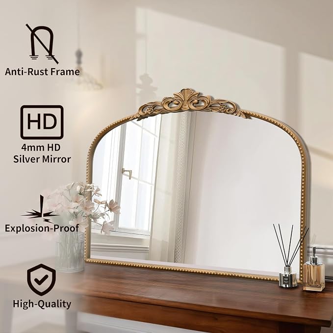 Micasso Vintage Wall Gold Mirror: 32"x24" French Baroque Antique Mirror - Traditional Ornate Decorative Arched for Wall/Bathroom/Entryway/Fireplace/Hallway - Home Decor for Living Room