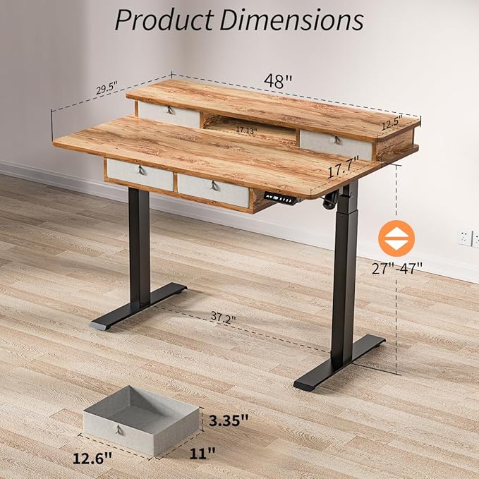 Kingant Standing Desk with Fast Charging USB Ports, 48" x 30" Height Adjustable Home Office & Gaming Desk, Sit Stand Desk with Built-in Storage Shelf, Hook & Ergonomic Design(Light Rustic)