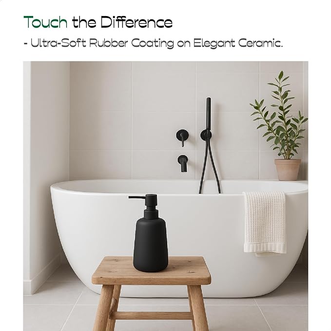 2 Pack Soft Touch Rubber Coating Matte Black Ceramic Soap Dispenser, 13 oz Refillable Pump Bottle for Bathroom or Kitchen Countertop, Non-Slip and Comfort Grip
