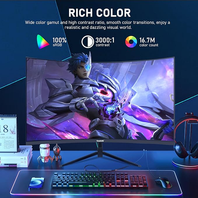 Gawfolk 32 inch 2K QHD(2560×1440P) 165Hz Curved Gaming Monitor,PC Screen, 1ms，FreeSync, 98% sRGB，178° Wide Viewing Angle，DisplayPort、HDMI, Wall Mount Compatible 100 * 100MM Wall - Black