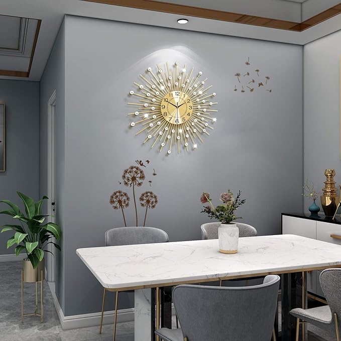 Large Wall Clocks for Living Room Decor Big Silent Wall Clock Battery Operated Non-Ticking for Bedroom Kitchen Home Decorative 24 Inch Gold Round Crystal Metal Wall Watch for Office Indoor