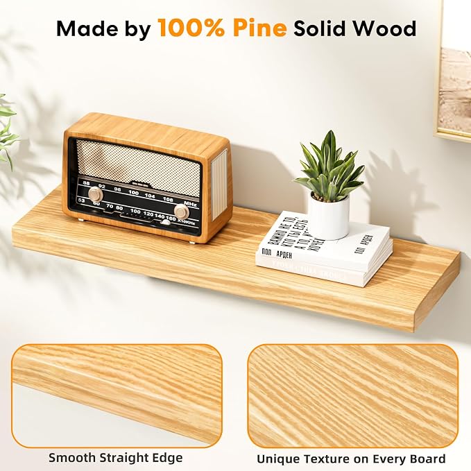 Solid Wood Live Edge Floating Shelves Set of 2 – 24" Rustic Wall Shelf with Hidden Bracket System, Wall Mounted Shelves for Bathroom, Kitchen, Living Room, Bedroom (Raw Wood)