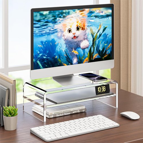 Egchi Clear Acrylic Monitor Stand Riser - 2-Tier Design for Organized Multi-Media PC & Laptop Storage - 5.12 Inches High