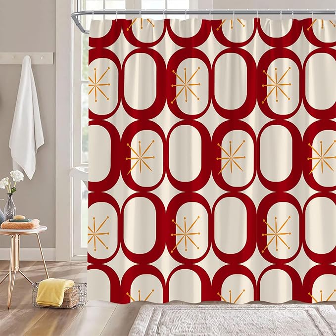 Mid Century Shower Curtain Modern Abstract Atomic Starbursts Squares Retro 50s Geometric Bathroom Decor Polyester Curtains with Hooks