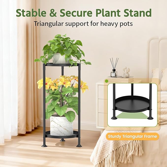 LASZOLA 2 Tier Plant Stand Indoor with Large Metal Tray, Corner Round Flower Holder Rack Tall Outdoor, Morden Planter Display Shelf for Patio Porch Garden Office Living Room, Black