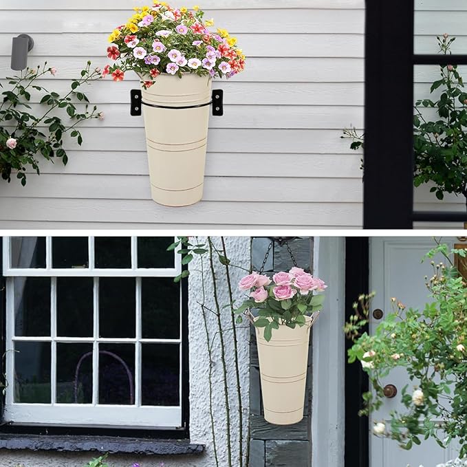Notakia 10.62 Inch Galvanized Metal Vases Farmhouse French Flower Bucket Vases for Cut Flowers for Home Decor and Wedding Table Centerpiece Decorations (Medium Beige 8Pcs)