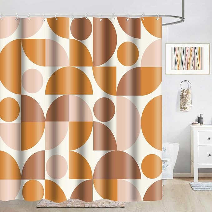 Vintage Orange and Beige Mid Century Modern Shower Curtain Boho Abstract Geometric Art Shower Curtains for Bathroom Decor 72x72 Inch Colorful Unique Pattern Washable Fabric Bathroom Set with 12 Hooks