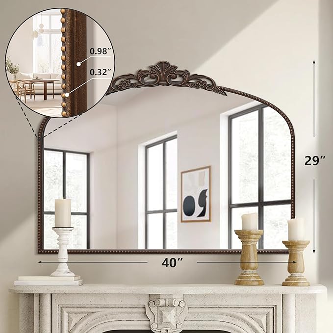 Micasso Large Bronze Vintage Mirror: 40"x29" French Baroque Antique Arched Mirror - Traditional Ornate Decorative for Wall/Fireplace/Mantel/Entryway/Bathroom/Hallway - Home Decor for Living Room