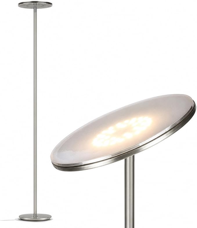 Brightech Sky LED Floor lamp, Torchiere Super Bright Floor Lamp for Living Room Decor & Office - Dimmable, Tall Standing Lamp with Warm Light for Bedroom & Reading - Brushed Nickel