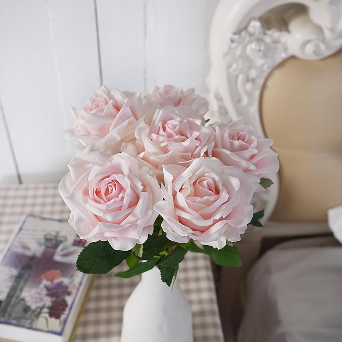 6 Pcs Silk Real Touch Latex Roses, Artificial Single Stem Big Bloom Faux Roses for Home Party Office Wedding Indoor Decor, Floral Arrangements, Table Centerpieces