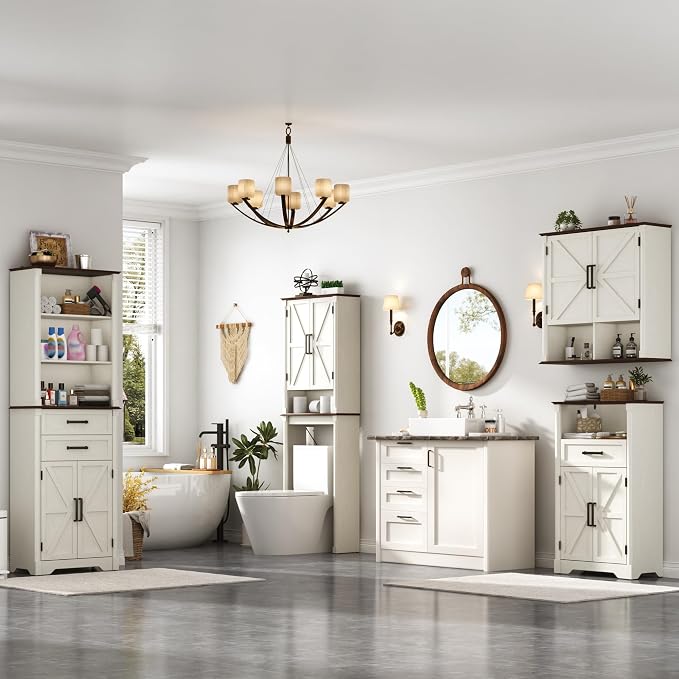 Farmhouse Bathroom Storage Cabinet,Double Wooden Bathroom Wall Cabinet with Roman Column Decor, Farmhouse Medicine Cabinets w Barn Doors,Storage Cabinets Wall Mounted for Kitchen(Rustic White)