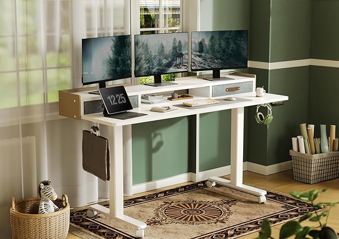 Claiks Standing Desk with Drawers, Adjustable Stand Up Electric Standing Desk Adjustable Height with Storage Shelf and Splice Board, 63 Inch, White