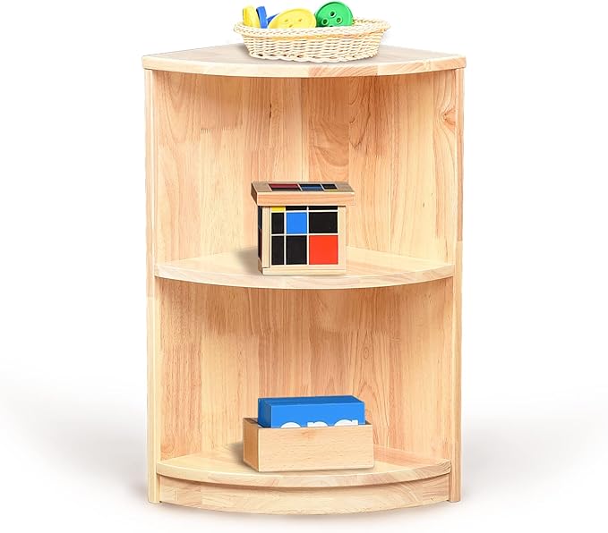 Corner Storage Bookcase Montessori Shelf-Toy,Books,Arts,Crafts&Supplies Storage Organizer for Kids,Toddler Furniture for Preschool,Nursery (3-Tier Corner Cabinet)