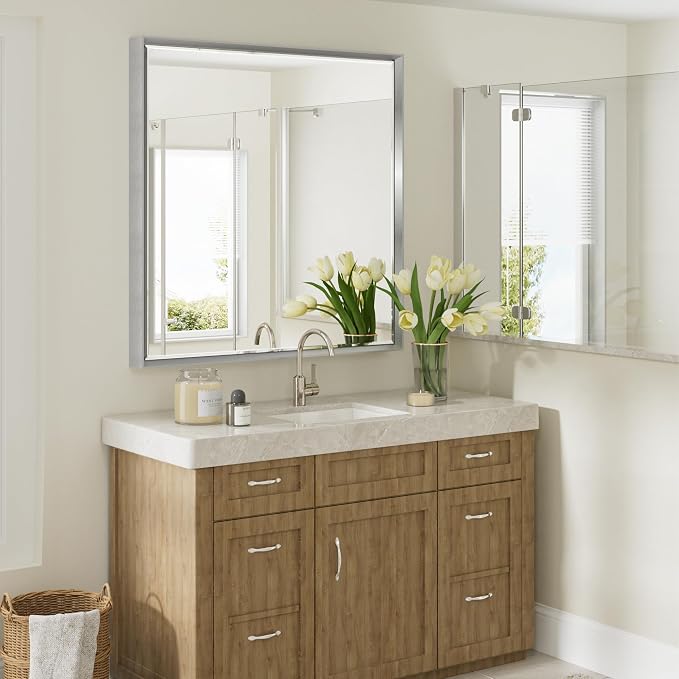 Silver Bathroom Mirror, 36x36 Inch Beveled Silver Square Mirror for Wall, Shatterproof & Rustproof Silver Framed Mirror for Bathroom, Silver Squared Bathroom Vanity Mirror Wall-Mounted