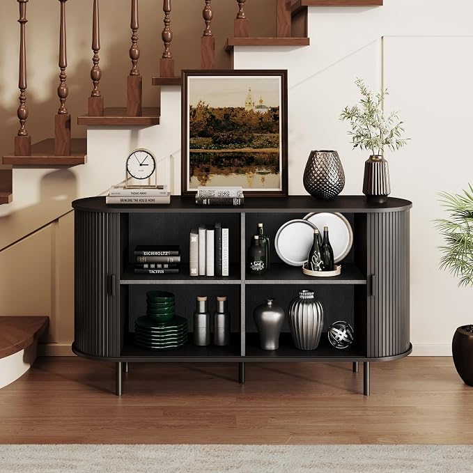 Buffet Sideboard Cabinet with Storage, 55" Fluted Cabinet with Sliding Door & Adjustable Shelf, Modern Accent Coffee Bar Console Table for Kitchen, Entryway, Black