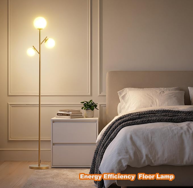 Fiqevs 3 Globe Mid Century Floor Lamp, Vintage Standing Lamp with 3 LED Bulbs & Sphere Frosted Glass Shades, Modern Gold Tree Floor Lamp for Living Room, Bedroom, Office