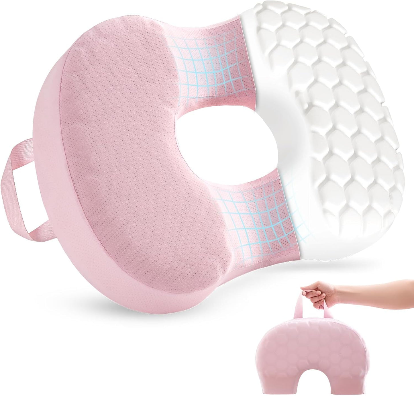Skiennix Portable Donut Pillow - Memory Foam Tailbone Cushion with Non-Slip Cover | Pink for Pain Relief