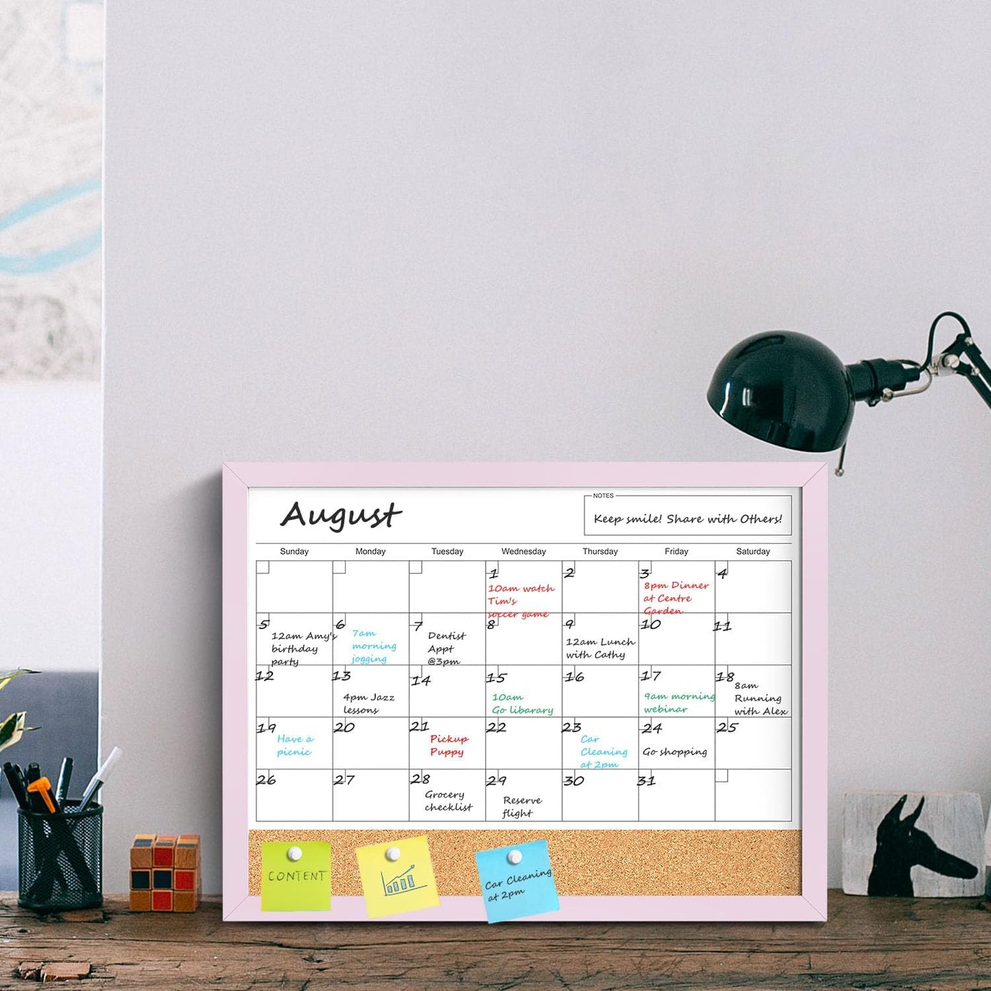 Skiennix Dry Erase Calendar Cork Board Combo - 17x13 Inch Magnetic Whiteboard with Pink Frame for Home & Office Planning