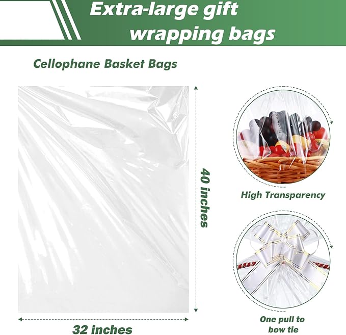 50 Packs 32” x 40” Gift Wrap Cellophane Bags for Basket Extra-large Jumbo Clear Cellophane Wraps Clear Huge Cello Bags for Basket, Gift, Christmas Tree, Treat, Art and Craft, 50ct White Ribbon Bows