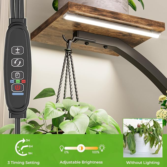 Elbourn 8 Tiered 60" Plant Stand Indoor Shelf with 3 Grow Lights (Brown) | Corner Shelf Decor