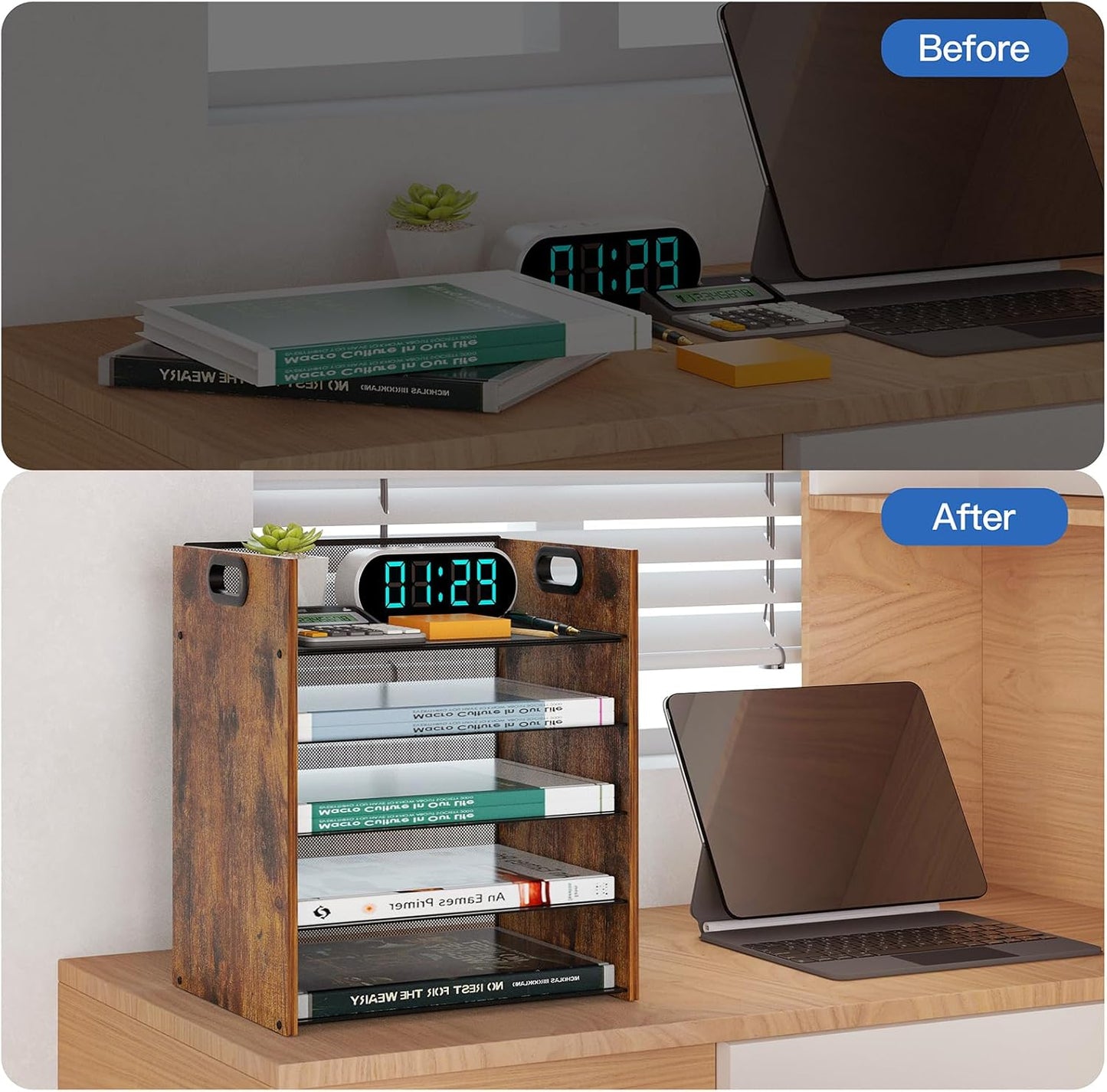 5 Tier Wood Paper Organizer - Metal Office Organizer with Handle | Mesh File Holder for Home & School