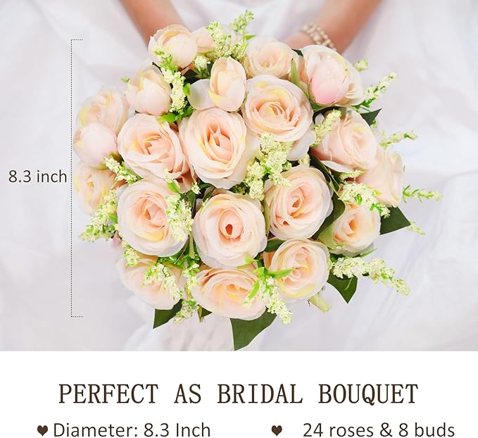 8.3 inch Wedding Bouquets for Bride Bridesmaid Bridal Bouquet Artificial Rose Tossing Bouquet for Wedding Ceremony Party Church (Champagne)