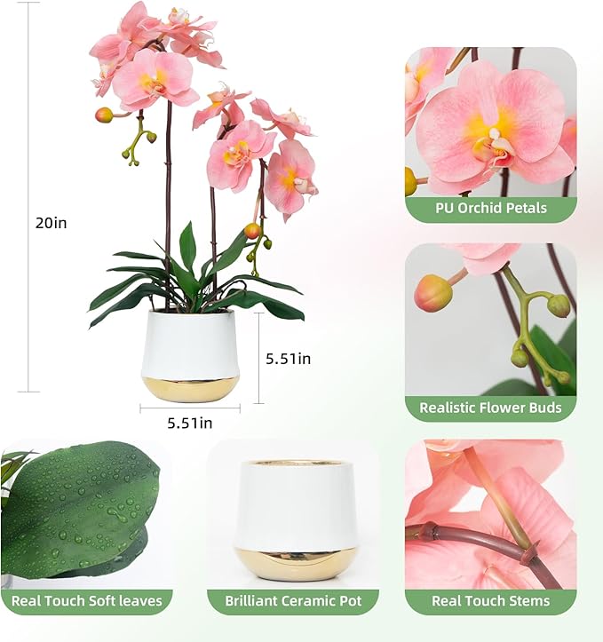 CXGS Orchids Artificial Flowers Realistic Fake Flowers in Ceramic Pot 20" Pink Lifelike Faux Floral Arrangement Soft PU Phalaenopsis for Home Hotel Indoor Decor, Centerpiece Display