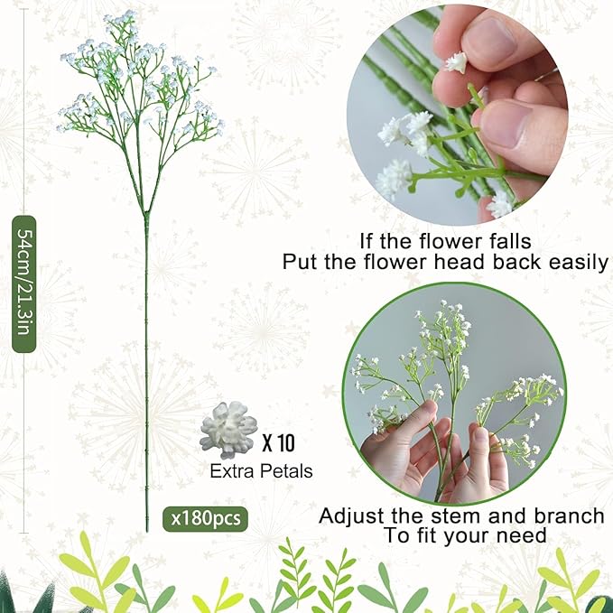 JIFTOK Babys Breath Artificial Flowers, 180 Pcs Fake Flowers Gypsophila Bouquet Fall Flowers Artificial for Decoration, Real Touch Silk Flower for Wedding Christmas DIY Party Home Garden Office(White)