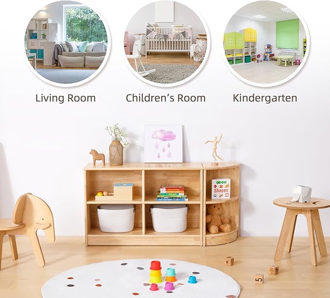 OOOK Rubber Wood 4-Compartment Wooden Storage Cabinet, 35.4" L, 2-Tier Toy Organizers and Storage, Montessori Shelf for Kids Room, Playroom, Nursery, Classroom, Kindergarten