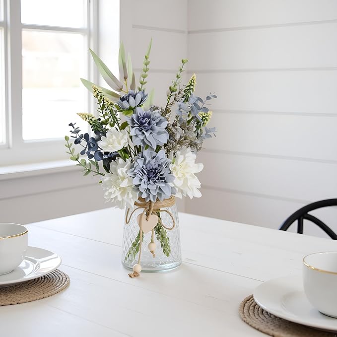 LADADA Artificial Flowers in Glass Vases, Silk Dahlia in Vases, Offices, Farmhouses, Bathrooms, Dining Tables, Coffee Tables, Decorative Artificial Flowers