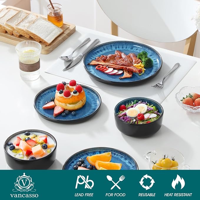 vancasso PLAYA Plates and Bowls Sets, 18 Pieces Blue Dinnerware Sets for Kitchen, Reactive Glaze Dishes Set for 6, Dishwasher and Microwave Safe
