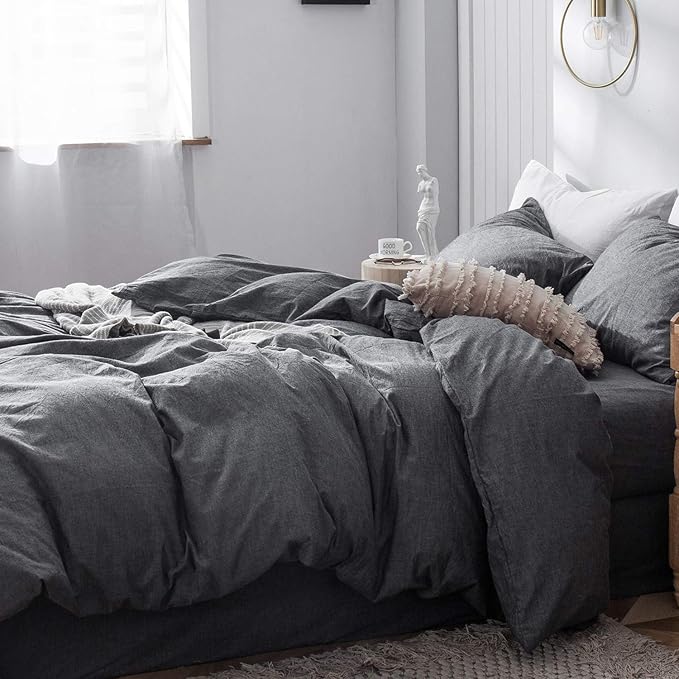 MooMee Bedding Duvet Cover Set 100% Washed Cotton Linen Like Textured Breathable Durable Soft Comfy (Heathered Dark Grey, Oversized King Plus 128"x120")