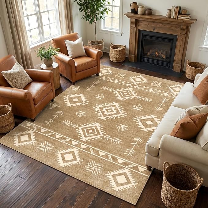5x7 Area Rug Southwestern Tribal Geometric Rug with Non Slip Backing, Washable Low Pile Light Beige Sand Brown Carpet for Bedroom, Living Room, Dining Room, Home Office