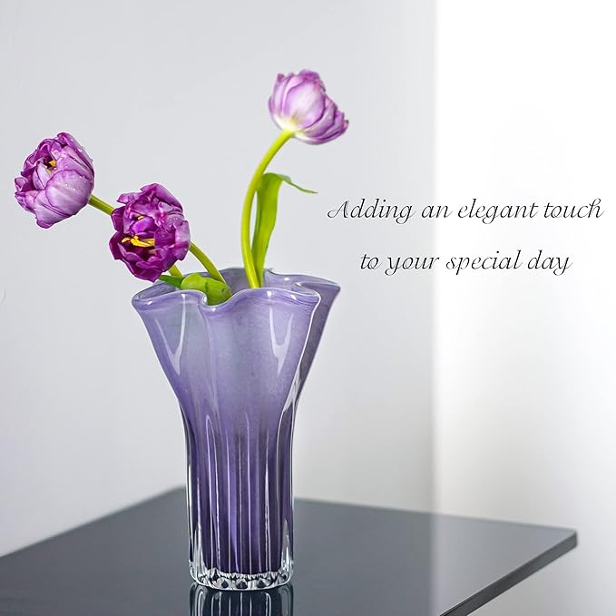 8'' Blown Glass Flower Vase for Home Wedding Modern Centerpieces Decorative (Purple)