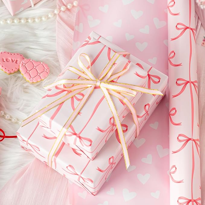 Burymento Pink Bow Wrapping Paper, Reversible Pink Love Design Gift Wrap for Baby Shower, Birthday, Valentines, Mothers day, Graduation, Wedding, Fathers day, Christmas (17 Inch X 32.8 Feet)