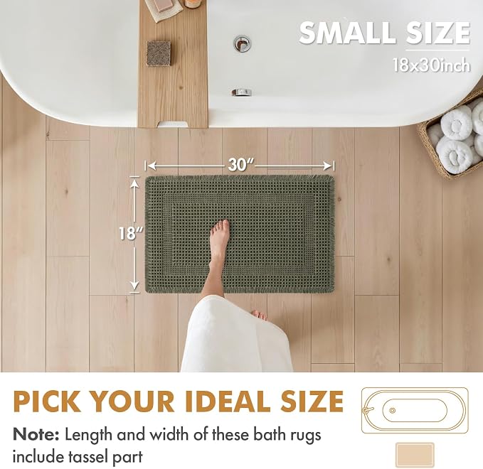 MIULEE Set of 2 Waffle Bathroom Rugs, Boho Bath Rug Super Absorbent, Non Slip Washable Ultra Soft Rubber Backed Shower Bath Mats for Floor, Tub, Shower, Looped Design, Green, 18x30 Inch