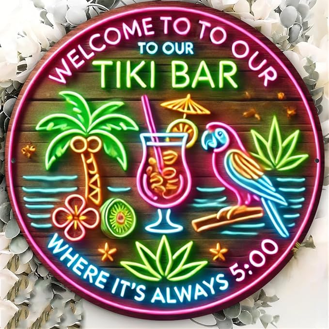 Welcome to Our Tiki Bar" Round Aluminum Sign - 8x8 Inches, UV & Scratch Resistant, Easy Hang for Indoor/Outdoor Decor
