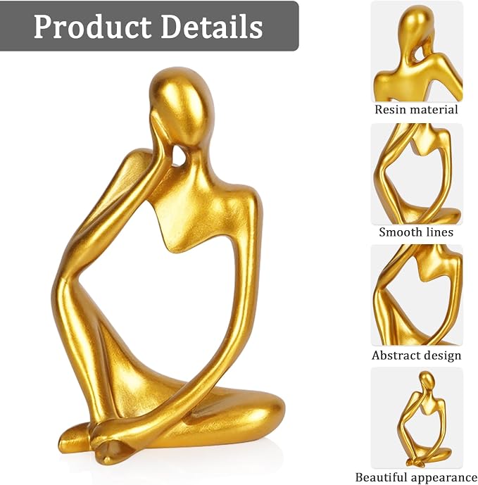 Sandstone Resin Thinker Style Abstract Sculpture Statue Collectible Figurines Home Office Bookshelf Desktop Decor (Small Gold, 3pcs)