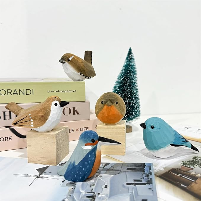 Hand Carved Painted Wooden Bird Figurines for Home Decor, Statue for Bird Lovers, Housewarming, Birthday, Christmas, Anniversaries (NO.1-Fat Robins)