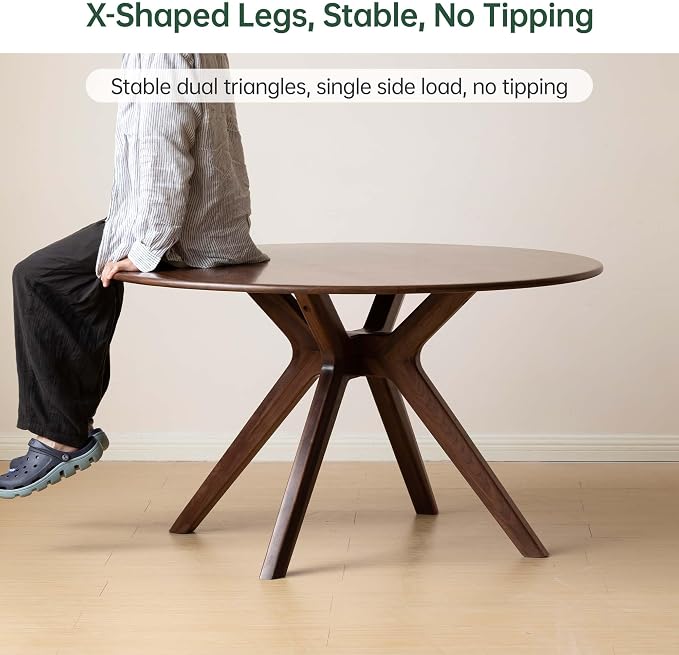 YESWOOD 43.3’’ Round Black Walnut Dining Table for 4-6, Solid Wood Kitchen Table with Intersecting Pedestal Base, Farmhouse Circle Table for Dining Room, Living Room